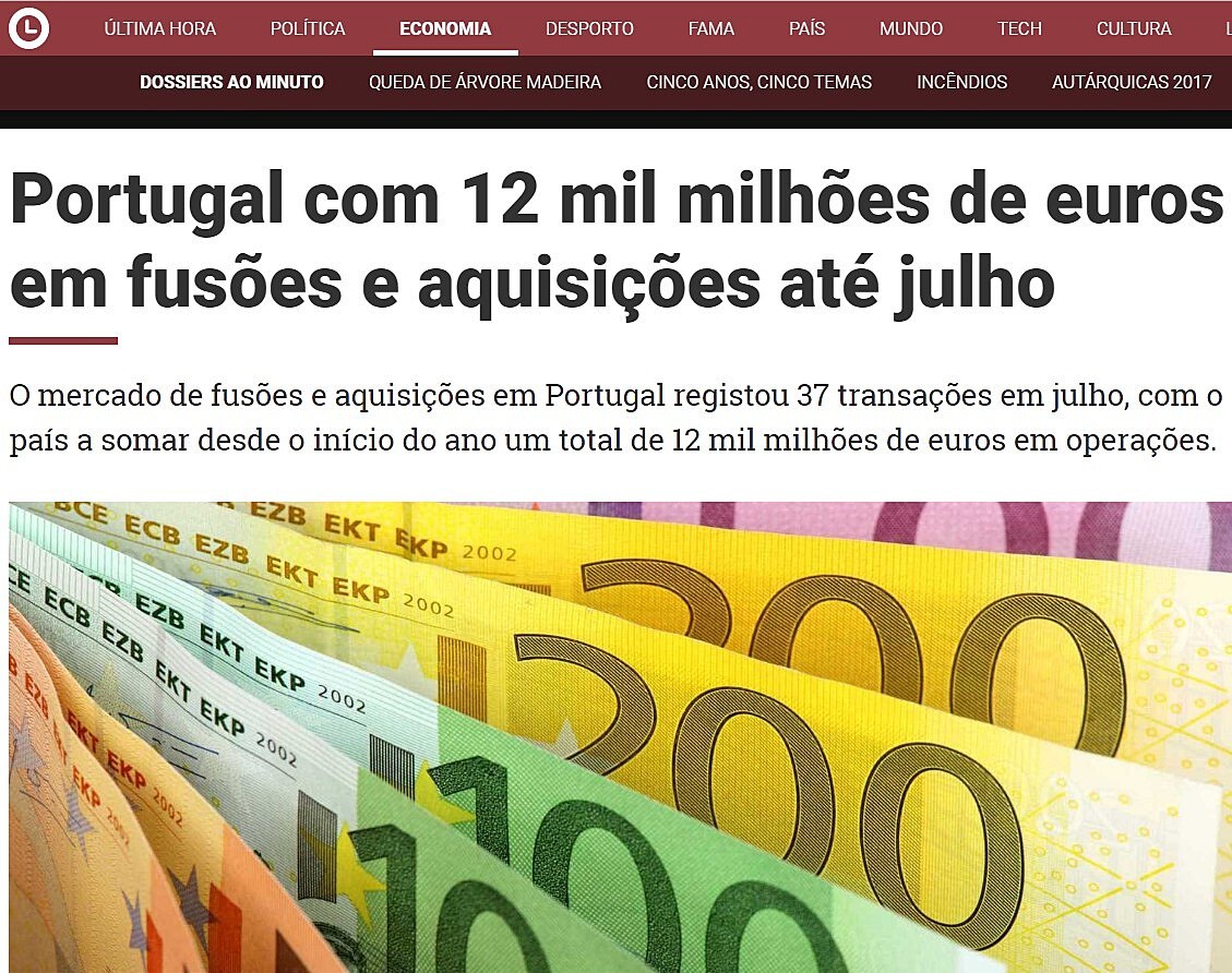 Portugal com 12 mil milhes de euros em fuses e aquisies at julho